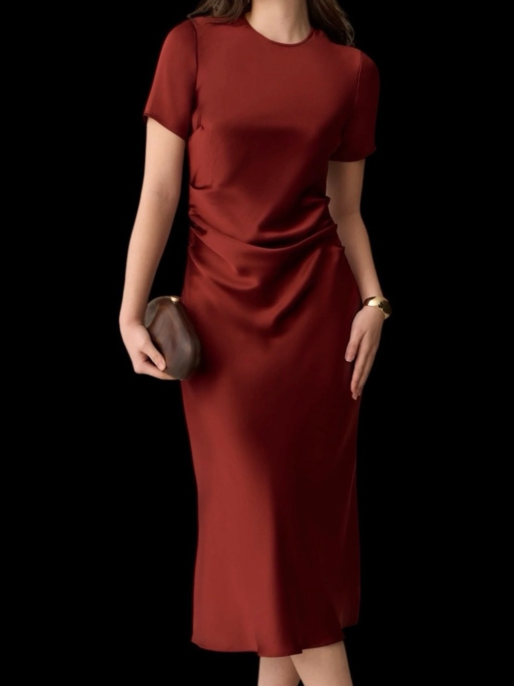 Few Moda o.p.t. Nessa Dress Short-Sleeve Cocktail Midi Mahogany NWT